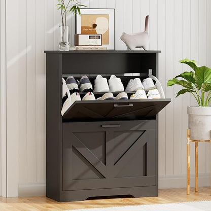 Farmhouse Shoe Cabinet for Entryway with Barn-Style Flip Drawers, Narrow Shoe Storage Organizer with Top Display Shelf, Adjustable Shelves, Shoe Rack for Hallway, Closet- (Black, 24")