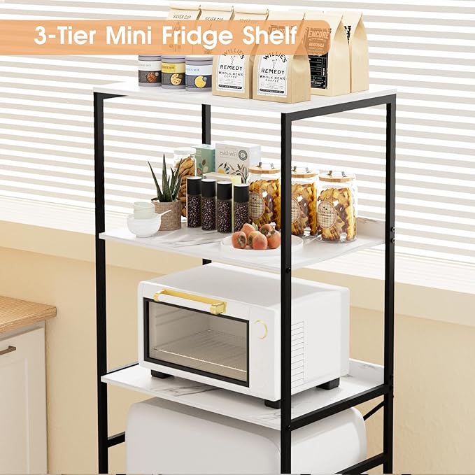 Mini Fridge Shelf Mini Fridge and Microwave Stand Over Mini Fridge Storage Rack 3 Tier Microwave and Fridge Stand Suitable for Dorm, Kitchens, Offices, Marble