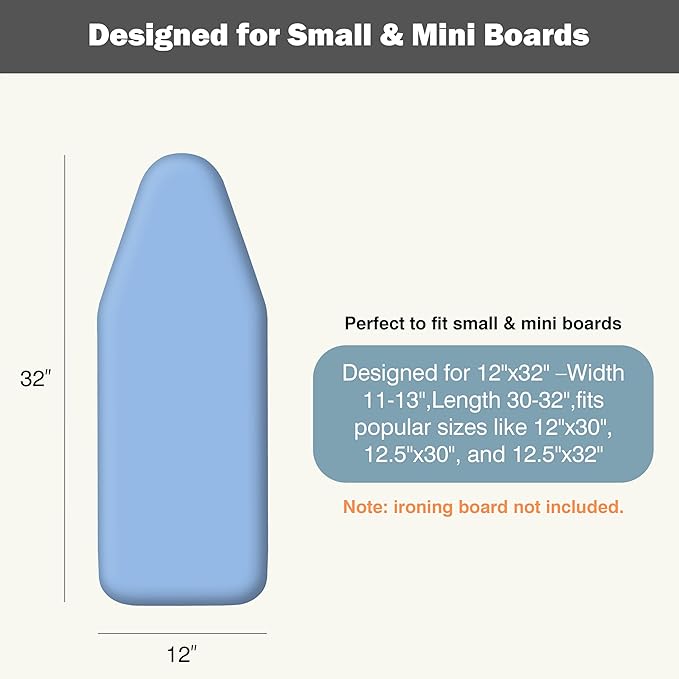 Small Ironing Board Cover and Pad 12"x32" Small Iron Board Cover with Padding, Tabletop Mini Ironing Board Cover and Pad Small Size, Cotton Canvas, Heat Resistant, Drawstring Closure Blue