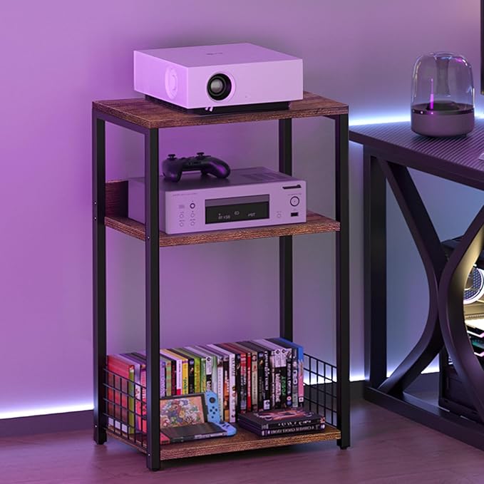 LELELINKY Large Brown Record Player Stand, 3 Tier 18" Wide Big End Table with Vinyl Storage Up to 130 Albums, Industrial Turntable Printer Tables, Modern Side Tables for Living Room, Bedroom, Office