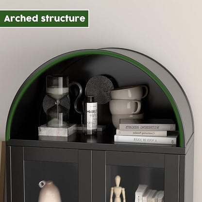 Metal Arched Display Cabinet with Glass Doors,Arch Cabinet with 3 LED Strip and 2 Adjustable Shelves for Home Office,Assembly Required, Black