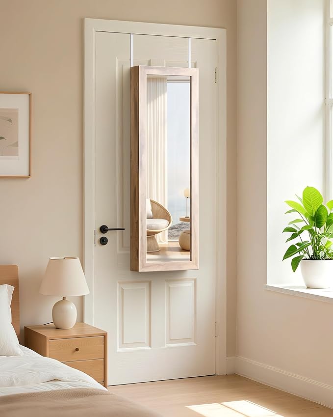 Nicetree 6 LEDs Mirror Jewelry Cabinet, Large Capacity Lockable Jewelry Armoire Organizer, Door or Wall Mounted Mirror with Jewelry Storage, Oak