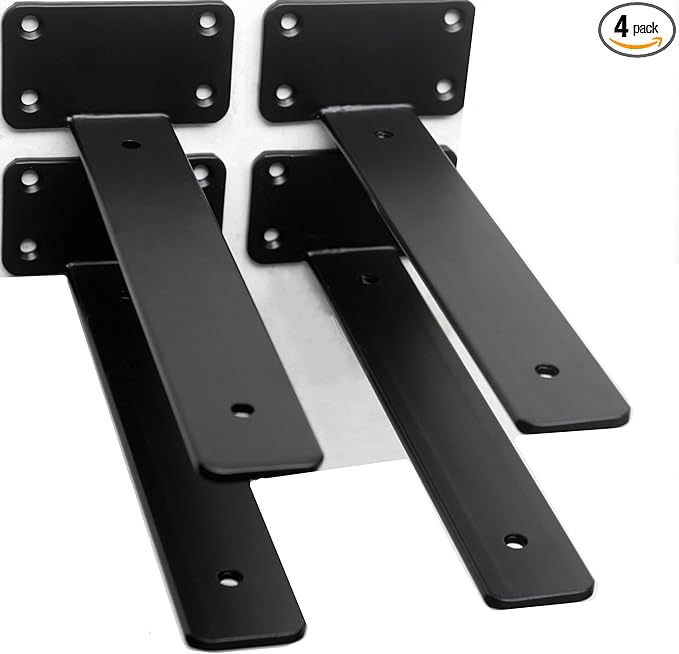 4 Pack - 9 inch Black Hidden L Shelf Bracket (1/5 Inch Thicked) Iron Floating Shelf Brackets Rustic Industrial Metal Brackets for Shelf Support