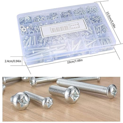 1080 Pcs Screws Bolts and Nuts Assortment Kit, Metric Machine Screws and Nuts and Flat Washers, M3/M4/M5/M6 Cross Slotted Round Head Bolts Sets (C)