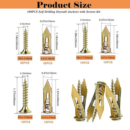 100 PCS Self Drilling Drywall Anchors with Screws Kit - 2 Sizes Sheetrock Anchors & 3 Sizes Zinc Expansion Screws,2025 Upgraded Zinc Plated Steel,No Drill Needed, Holds Up to 66LB on Walls