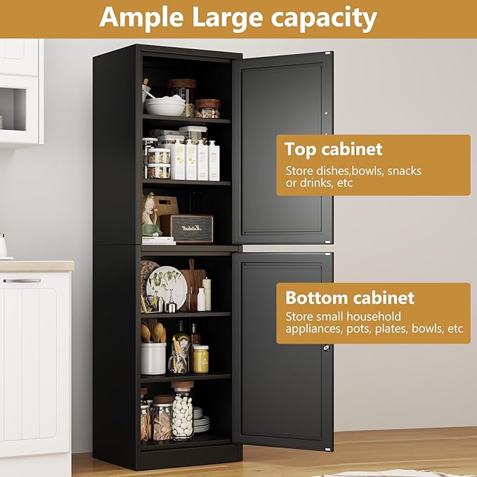 Metal Storage Cabinet with Lock 2 Doors and Shelves, Steel File Cabinets, Kitchen Pantry Cabinet Locker Organizer - 67" Tall Locker Storage Cabinets for Kitchen,Bathroom,Bedroom,Office(Black)