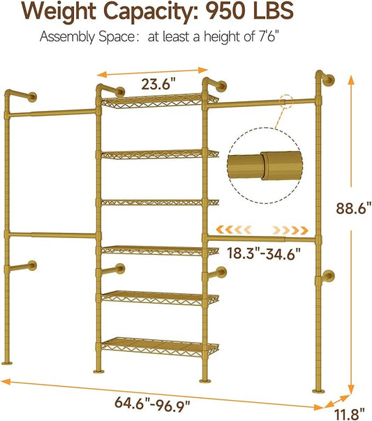 ONBRILL H3 Wall Mounted Closet System, Expandable Industrial Pipe Clothes Rack Clothing Rack for Hanging Clothes, Heavy Duty Closet Organizers and Storage in Wardrobe Closet, Gold