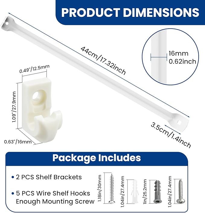 12 Inch Wire Shelf Support Brackets Kit, Includes 2 Wire Rack Support Brackets and 5 Down Wall Clips, 7 Screws and 7 Expansion Tubes for Shelves, Closet, Wardrobe, Ledge Installation