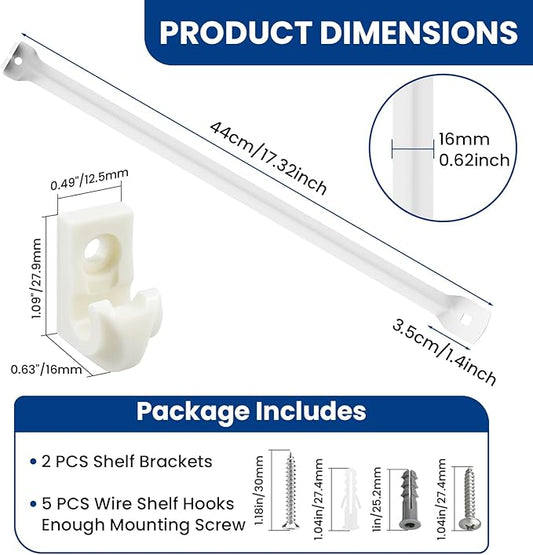 12 Inch Wire Shelf Support Brackets Kit, Includes 2 Wire Rack Support Brackets and 5 Down Wall Clips, 7 Screws and 7 Expansion Tubes for Shelves, Closet, Wardrobe, Ledge Installation