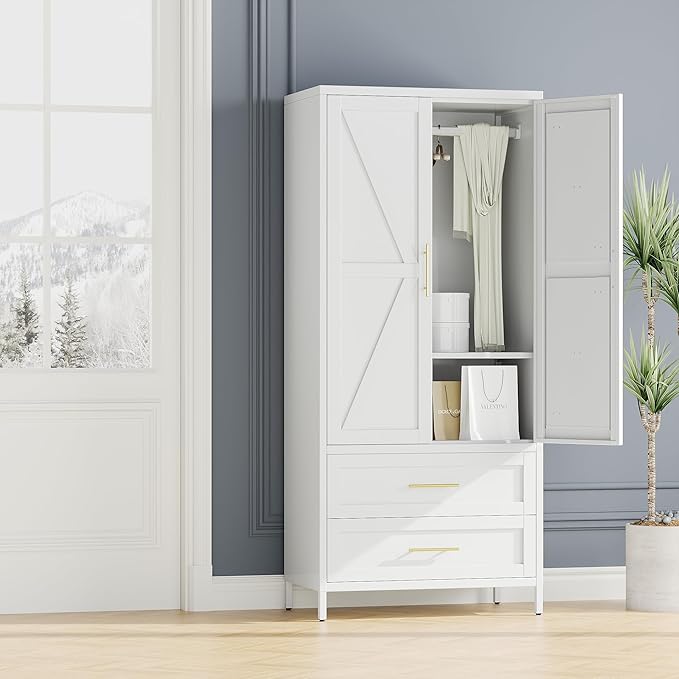 Aobabo Metal Wardrobe Cabinet with 2 Drawer, 71" H Metal Armoire Wardrobe Closet with Adjustable Shelf and Hanging Rod for Home, Laundry Room, Office, Installation Required, White