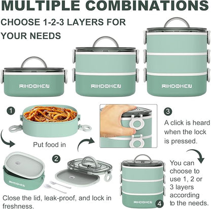 Lunch Box, Stackable 3 Layers Containers, Portable 94OZ Large Capacity Leakproof Bento Box with Spoon & Fork & Sauce Boxes, Microwave Safe Lunch Box for Kids and Adults