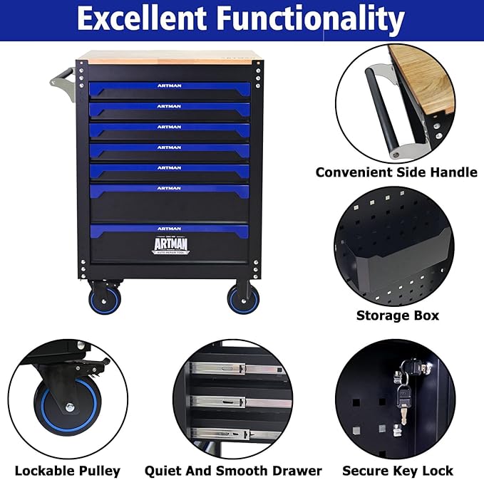 30 inch 7-Drawer Rolling Tool Chest with Wheels, Wood Countertop Heavy Duty Tool Cart, Locking System, Rolling Cabinet for Garage Warehouses, Repair Shops - Requires Assembly (Black&Blue)
