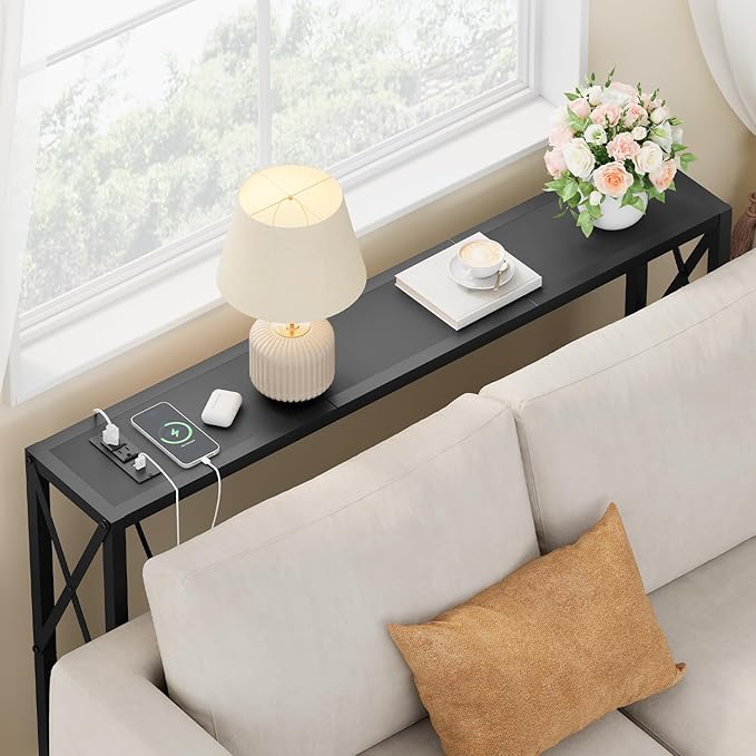 41.7" Console Table with Outlet, Narrow Behind Couch Sofa Table, Industrial Skinny Design for Hallway, Entryway, Living Room, Black