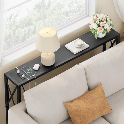 41.7" Console Table with Outlet, Narrow Behind Couch Sofa Table, Industrial Skinny Design for Hallway, Entryway, Living Room, Black