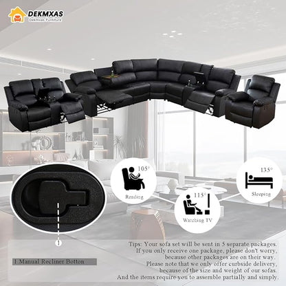 5 Pieces Living Room Furniture Sets, Reclining Sectional Sofa Loveseat and Chair, Black Leather Sectional Manual Recliner Sofa Set with Drop-Down Table, Cup Holders, Storage Console
