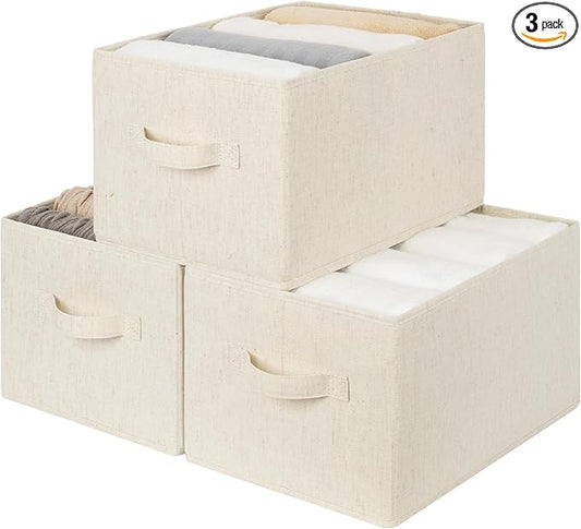 StorageWorks Storage Baskets for Shelves, Fabric Storage Bins, Closet Organization and Storage Basket, Organizer Bins for Clothes, Beige (Cotton-linen), 3-Pack, Large