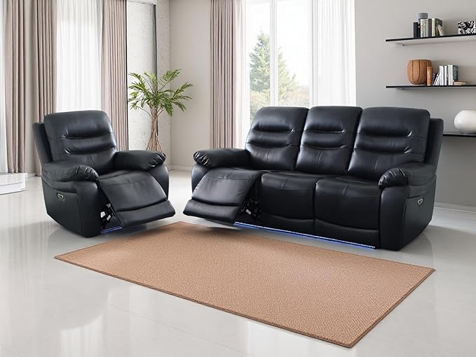 Black Breathing Leather Power Recliner Sofa and Chair with LED Lights, Living Room Funiture Sets, Power Reclining Sofa Set with 3 Recliner Seats/USB Port for Living Room