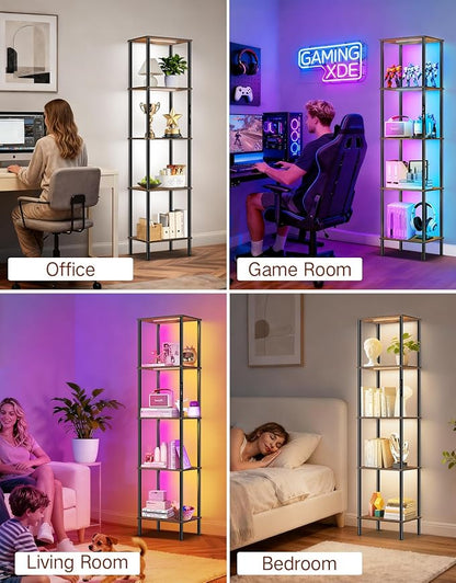 5 Tier Display Shelves with RGB Lights, Display Cabinet with Touch & APP & Remote Control, Dimmable Bookshelf with Music Sync, Adjustable Color Lighting for Living Room, Bedroom