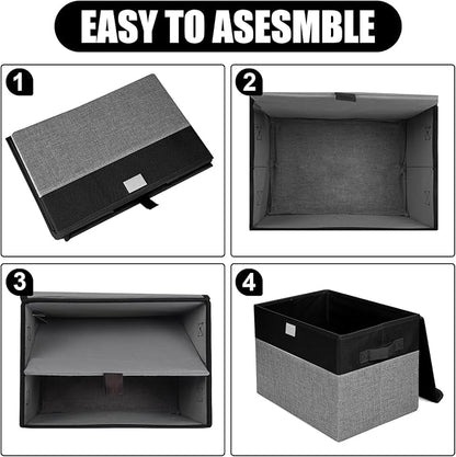 Large 22 Quart Linen Fabric Foldable Storage Bin Cube Organizer Basket with Flip-Top Lid & Handles, Clothes Blanket Box for Home, Office, Closet, Black & Gray, 4 Pack 14.6 x 9.5 x 9.5