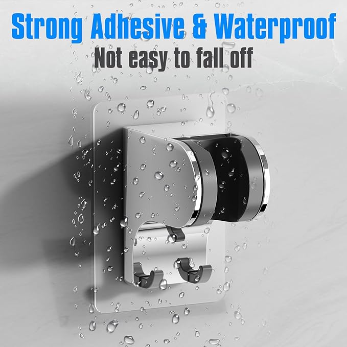 JONKEAN Shower Head Holder Without Drilling, 3m Handheld Shower Head Holder Adhesive, 50°Adjustable Shower Wand Holder Wall Mount, Shower Head Bracket with Hook (Chrome, 1 Pack)