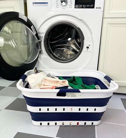 SAMMART 42L (11 gallon) Collapsible Plastic Laundry Basket - Foldable Pop Up Storage Container/Organizer - Space Saving Hamper/Basket (1, White/Starry Blue)