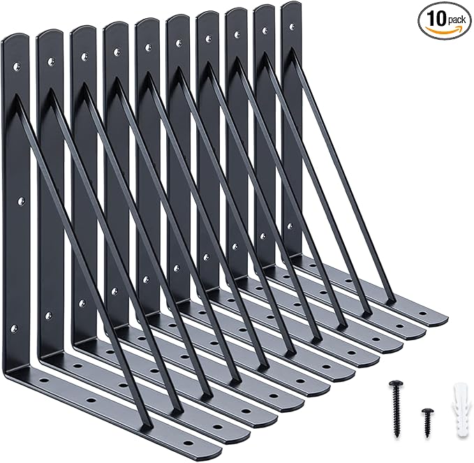 HOME MASTER HARDWARE 10 x 8 in Shelf Brackets, 90 Degree Triangle Wall Mount Angle L Bracket for Floating Shelves, Metal Support w/ Screws, 10 Pack Black