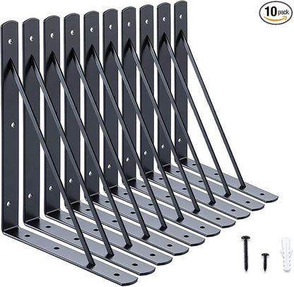 HOME MASTER HARDWARE 10 x 8 in Shelf Brackets, 90 Degree Triangle Wall Mount Angle L Bracket for Floating Shelves, Metal Support w/ Screws, 10 Pack Black