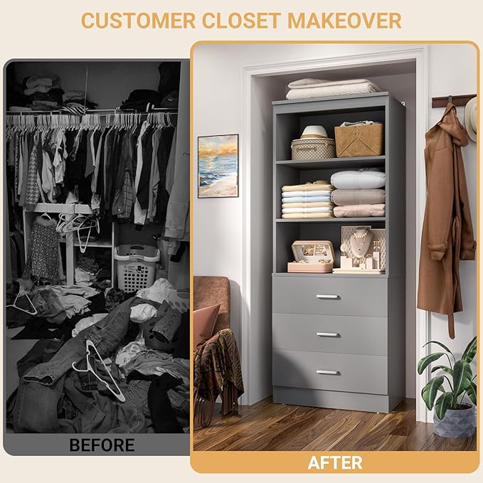 Aheaplus 23.6" Closet Drawers System, Wood Closet Organizer System with 3 Drawers, Modular Small Walk-in Closets Storage Unit, Grey (23.6" L x 13.8" W x 71" H)