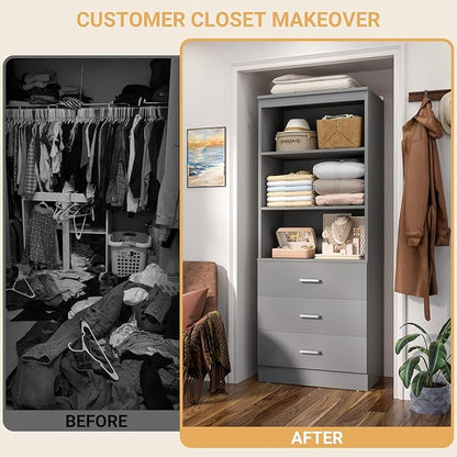 Aheaplus 23.6" Closet Drawers System, Wood Closet Organizer System with 3 Drawers, Modular Small Walk-in Closets Storage Unit, Grey (23.6" L x 13.8" W x 71" H)