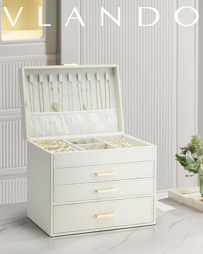 Vlando 4 Layer Large Jewelry Box - Jewelry Holder Organizer, Jewelry Box Organizer for Drawer Necklace Ring Bracelet and Watch, Birthday Gift for Loved Ones - Beige
