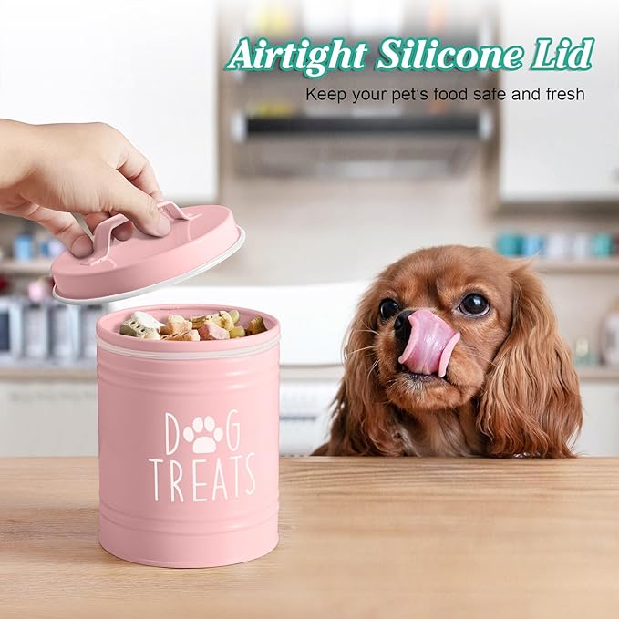 Pink Small Dog Treat Container Airtight - 6" Tall X 4.9" Round Pink Dog Treat Jar for Kitchen Counter - Rustic Treat Storage Canister for Dogs, Cats, Small Animals - Gifts for Pet Owners