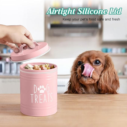 Pink Small Dog Treat Container Airtight - 6" Tall X 4.9" Round Pink Dog Treat Jar for Kitchen Counter - Rustic Treat Storage Canister for Dogs, Cats, Small Animals - Gifts for Pet Owners