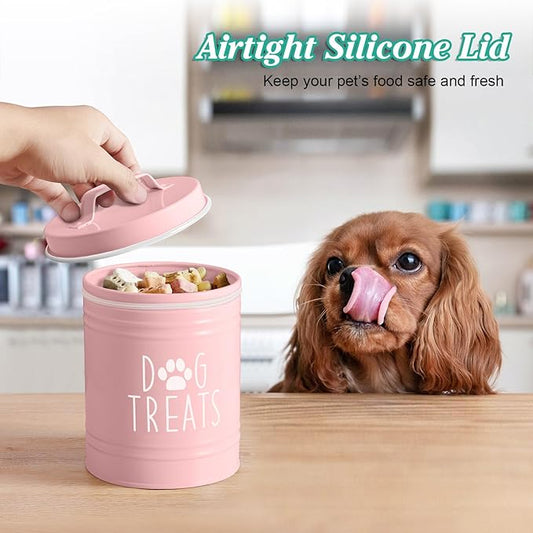 Pink Small Dog Treat Container Airtight - 6" Tall X 4.9" Round Pink Dog Treat Jar for Kitchen Counter - Rustic Treat Storage Canister for Dogs, Cats, Small Animals - Gifts for Pet Owners