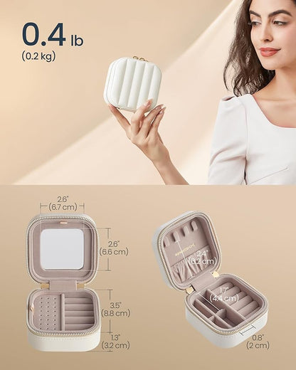 SONGMICS HOME Travel Jewelry Case, Small Jewelry Box Organizer with Mirror, 4.1 x 4.1 x 2.4 Inches, Stitching, Portable, Gift Idea, Cloud White UJBC179W01