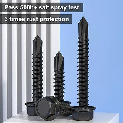 150Pcs Self Drilling Screws Assortment Kit, 410 Stainless Steel Self Tapping Sheet Metal Screws, Black Zinc Plated, #8 1/2" 3/4" #10 1" 1-1/2", Hex Washer Head