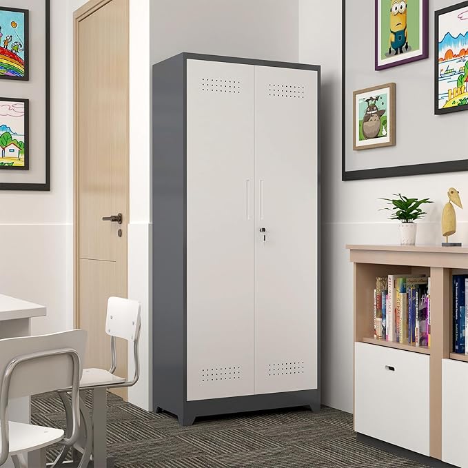 GREATMEET Tall Metal Utility Storage Cabinet for Cleaning Supplies & Tools, Garage Organizer with Adjustable Shelves, Pegboard Back Panel & Tool Hanging Bars, Grey White