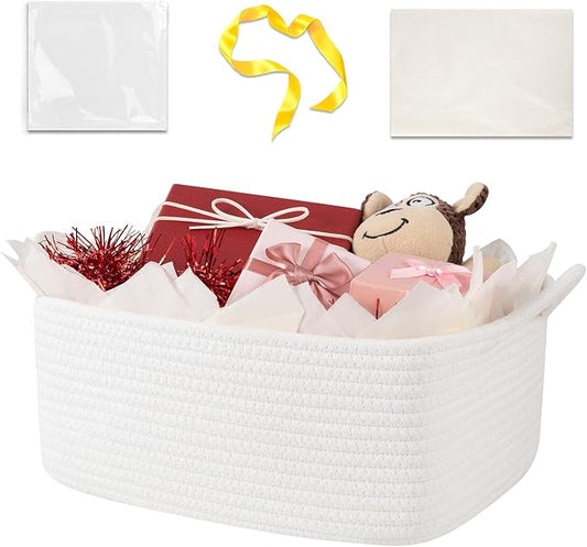 Basket for Gifts Empty, Woven Storage Basket with Gift Bag, Ribbon and Wrap Tissue Paper, Small Rope Toy Storage with Handles for Baby Shower, Dog Toy Organizer, 13.6" x 10" x 5.9”