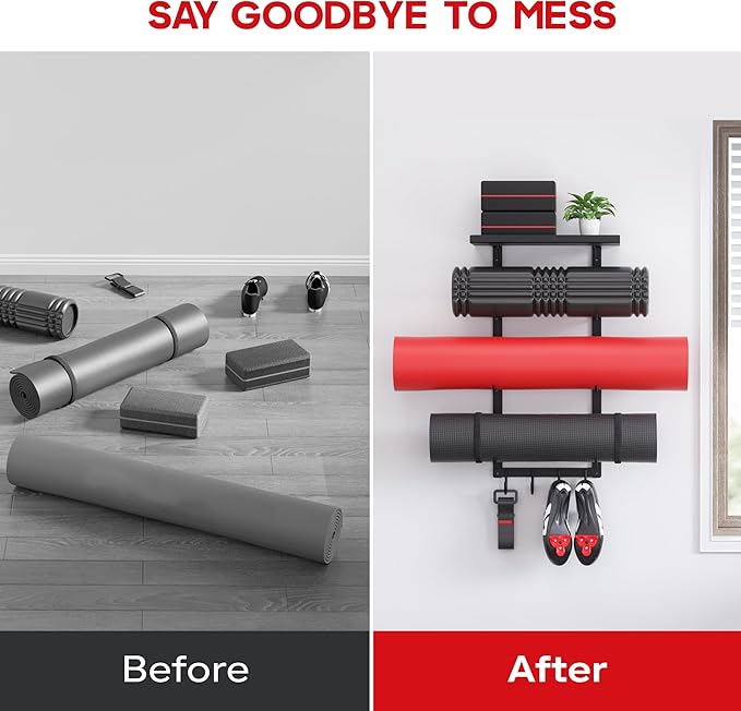 Yoga Mat Holder Wall Mount, Yoga Accessory Mat Storage Rack, Home Gym Accessories Organizer, Floating Shelf and Hooks for Hanging Foam Roller/Band/Workout Equipment at Pilates Fitness Class