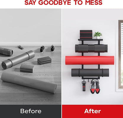 Yoga Mat Holder Wall Mount, Yoga Accessory Mat Storage Rack, Home Gym Accessories Organizer, Floating Shelf and Hooks for Hanging Foam Roller/Band/Workout Equipment at Pilates Fitness Class