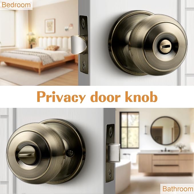 Probrico Bed/Bath Keyless Privacy Interior Door Knobs, Antique Brass Door Knobs 1 Pack