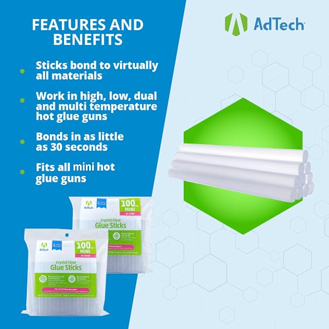 Adtech Mini Hot Glue Sticks Clear | High Temperature | Bonds in 30 Seconds | 800 Count, Pack of 8