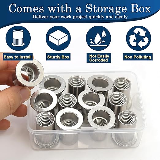 1/2''-13 UNC Rivet Nut, 10Pcs 304 Stainless Steel Flat Head Rivnut Threaded Insert Nutsert