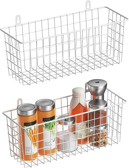 MaraFansie [Extra Large Wire Basket 2-Pack Hanging Wall Organizer Cabinet Storage Basket Wall Mounted Shelves Rustic Farmhouse Decor for Home Kitchen Bathroom, White