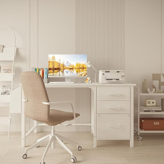 Lufeiya White Desk with Fabric File Drawers Cabinet, 47 Inch Reversible Computer Desk with Filing Cabinet for Bedroom Small Space Home Office, Modern Writing Table PC Desks, White