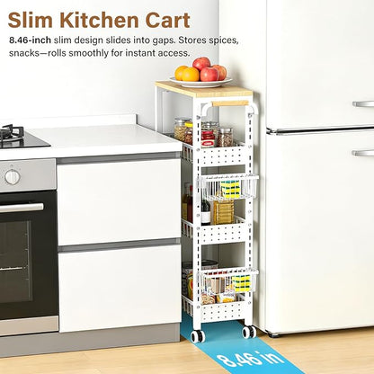 7.8 Inch Ultra-Slim 4-Tier Rolling Storage Cart with Adjustable Shelves - Lockable Wheels & Wooden Top for Narrow Spaces Between Washer/Dryer, Bathroom, Kitchen Organization (White)