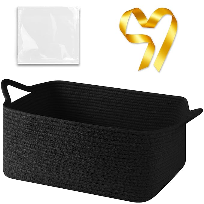 Large Empty Gift Baskets for Baby Shower, 16.5" L x 12.6" W x 7" H Cute Woven Storage Basket with Gift Bags and Ribbons, Small Rope Toy Basket with Handles, Cat Dog Pet Toy Organizer - Black