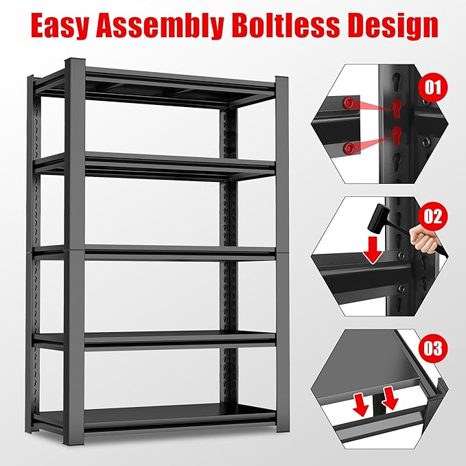 71"H x 32"W Metal Garage Shelving Unit, Heavy Duty Shelf 5-Tier, Adjustable Black Steel Storage Shelves, 3000 lbs Capacity Rack for Garage, Basement, Pantry & Warehouse, 71.2"H x 31.5"W X 13.8"D