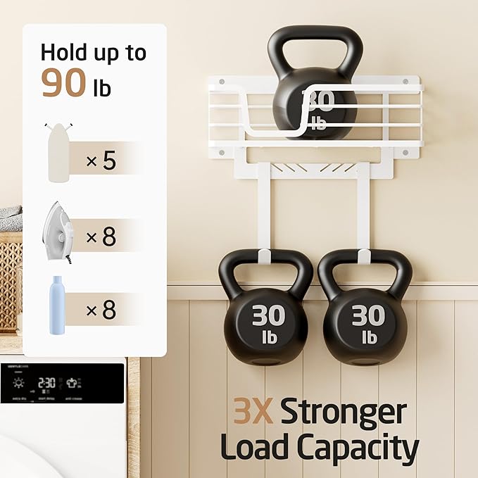 KES 90lb Heavy-Load Ironing Board Hanger Wall Mount, One-Piece Metal Frame Ironing Board Holder with T&V Shaped Hooks, Extra Large Storage Basket, No Breaking Sturdy Screws Included, White, HIR502-WH