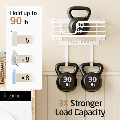 KES 90lb Heavy-Load Ironing Board Hanger Wall Mount, One-Piece Metal Frame Ironing Board Holder with T&V Shaped Hooks, Extra Large Storage Basket, No Breaking Sturdy Screws Included, White, HIR502-WH