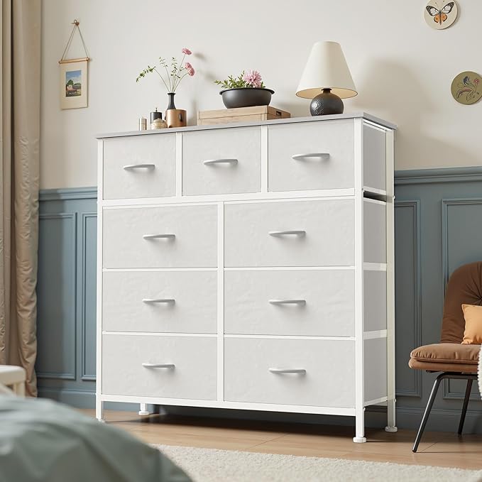 OLIXIS 9 Drawer Storage Dresser with Wood Top - Wide Fabric Chest Organizer for Bedroom, Closet, Living Room,Tower Cabinet, TV Stand, Hallway Entryway Furniture,Bright White
